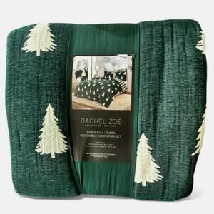 Rachel Zoe Green and White Trees Holiday Queen Reversible Comforter Set 90”x92”